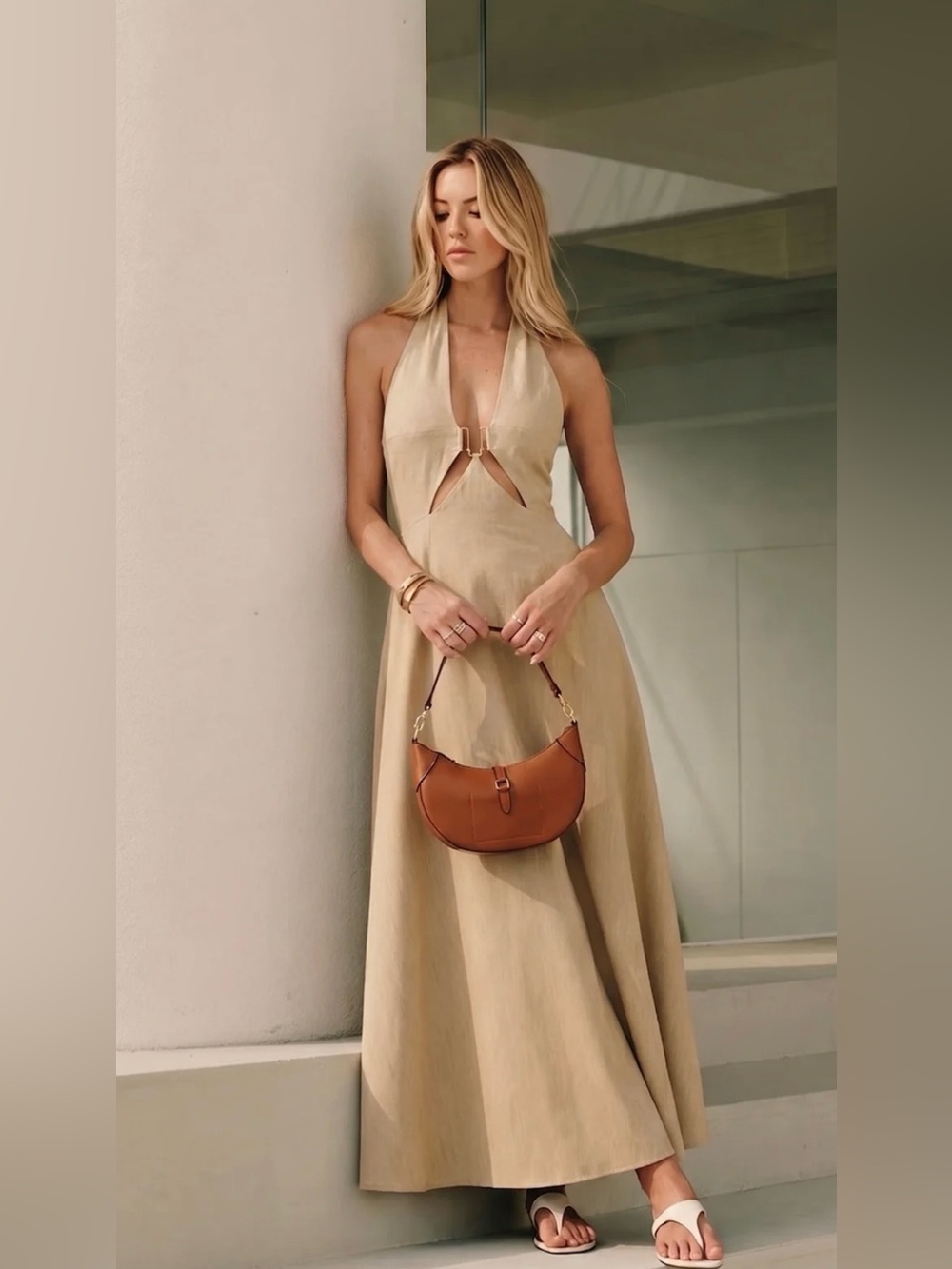 Cut-Out Linen-Blend Halter Maxi Dress